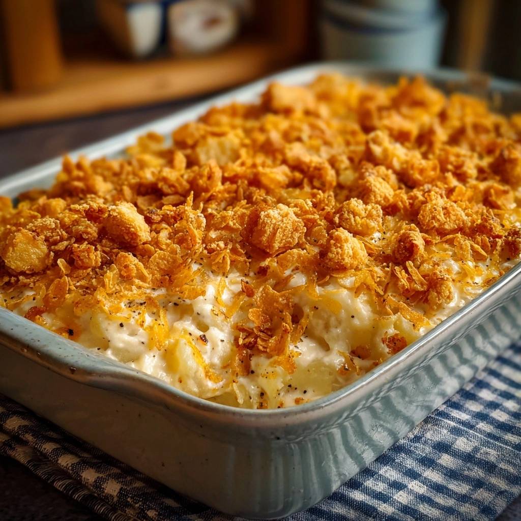 Crispy topped funeral potatoes casserole with a golden, textured topping in a blue baking dish.