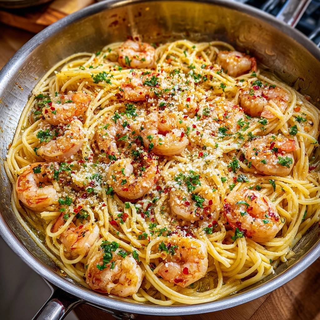 Garlic butter shrimp scampi pasta served in a stainless steel skillet, garnished with parsley and chili flakes.