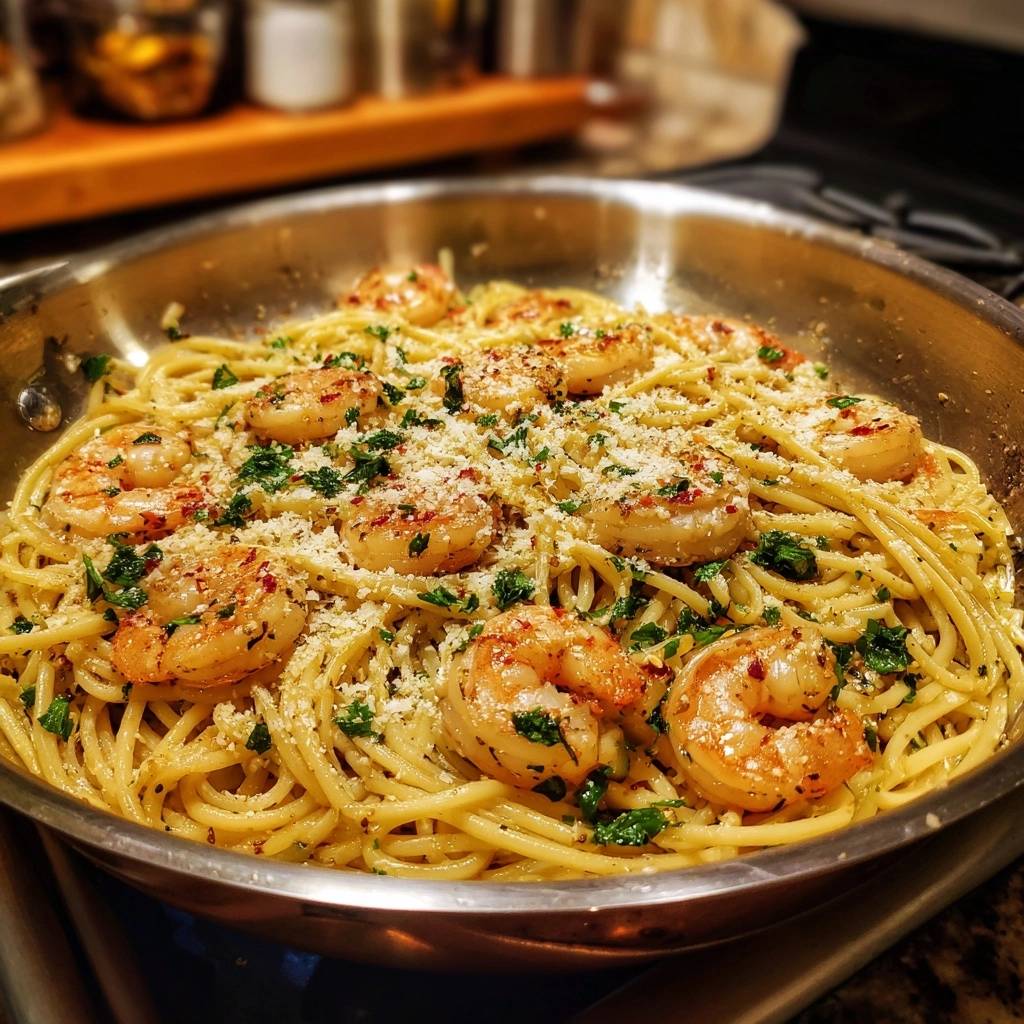 Garlic butter shrimp scampi pasta served in a stainless steel skillet, garnished with parsley and parmesan cheese.