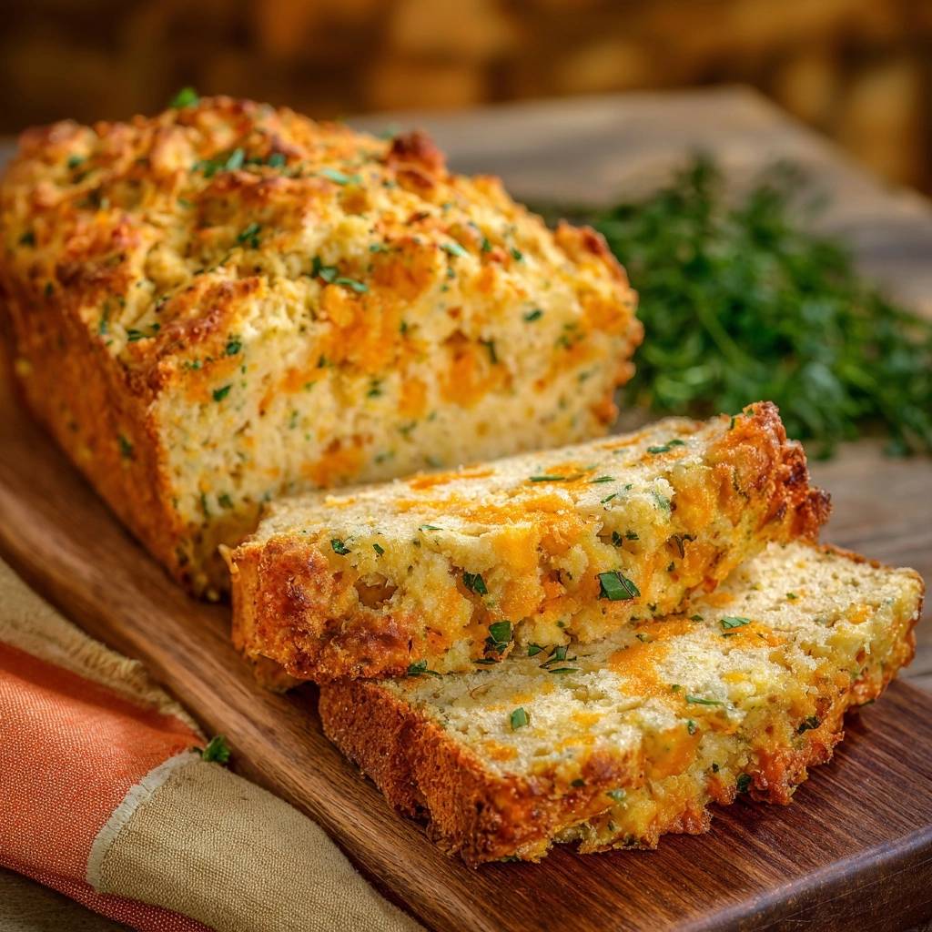 Garlic cheddar quick bread sliced cross-section showing the airy interior texture and melted cheese.