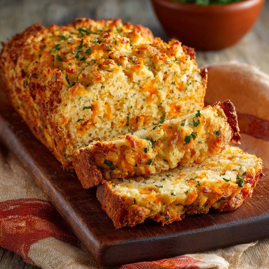 Garlic cheddar quick bread shown sliced with a close-up view revealing its cheesy interior texture.