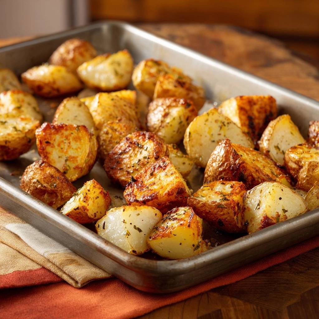 Garlic and herb roasted potatoes with the rough-up technique shown close-up on a baking sheet.