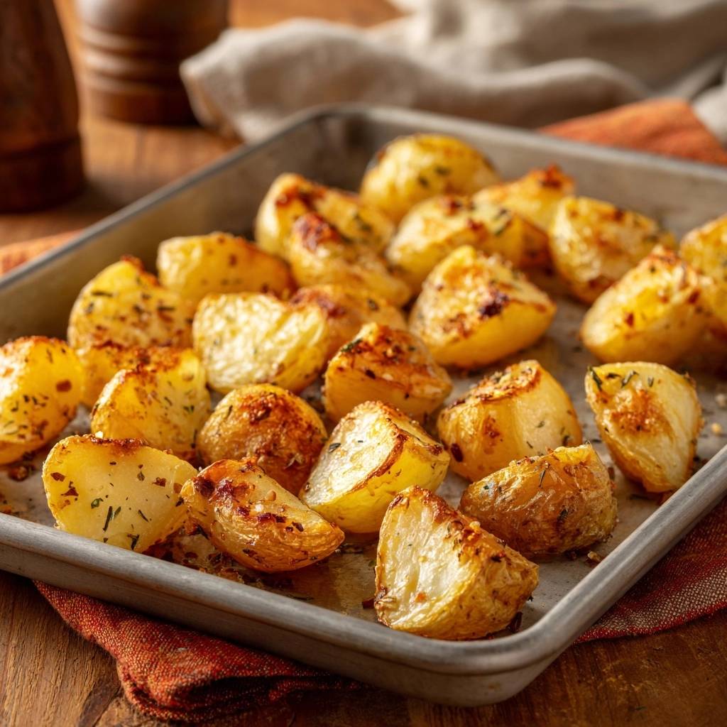 Garlic and herb roasted potatoes in a metal tray, shown in a close-up view with visible herbs and seasoning.