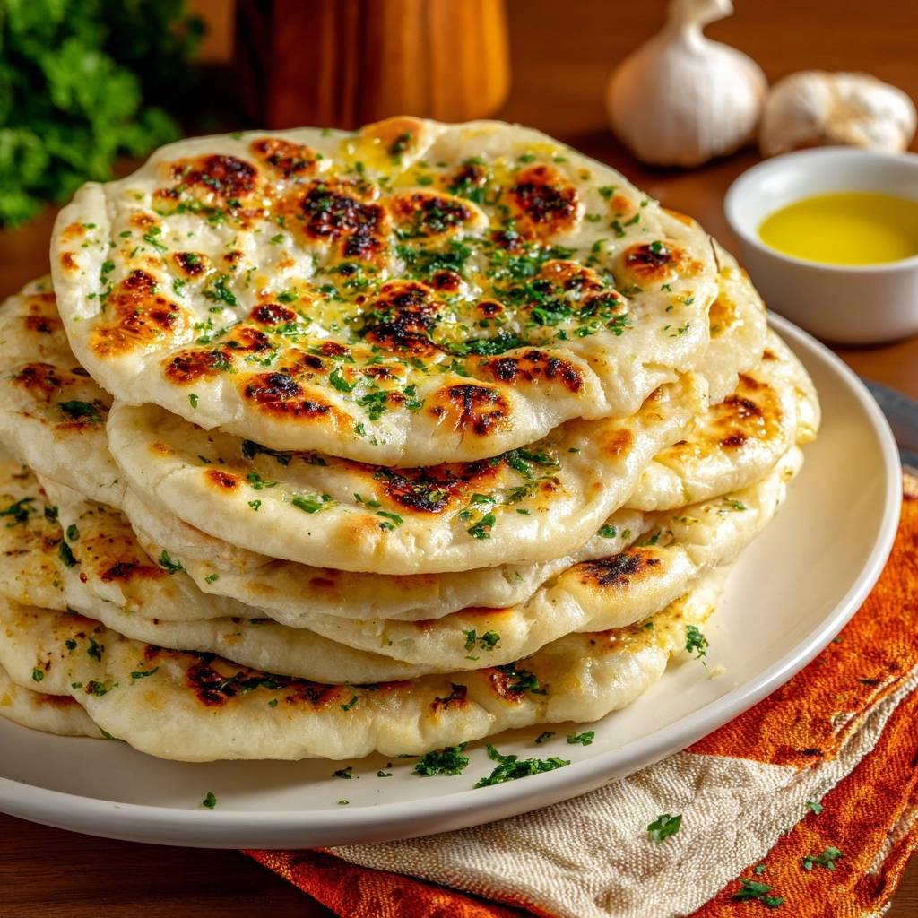 Garlic naan stacked high on a white plate, generously garnished with fresh parsley and brushed with melted butter.