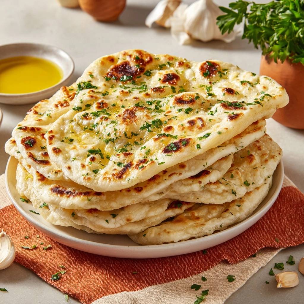 Garlic naan stacked high on a plate, brushed with melted butter and sprinkled with fresh parsley.