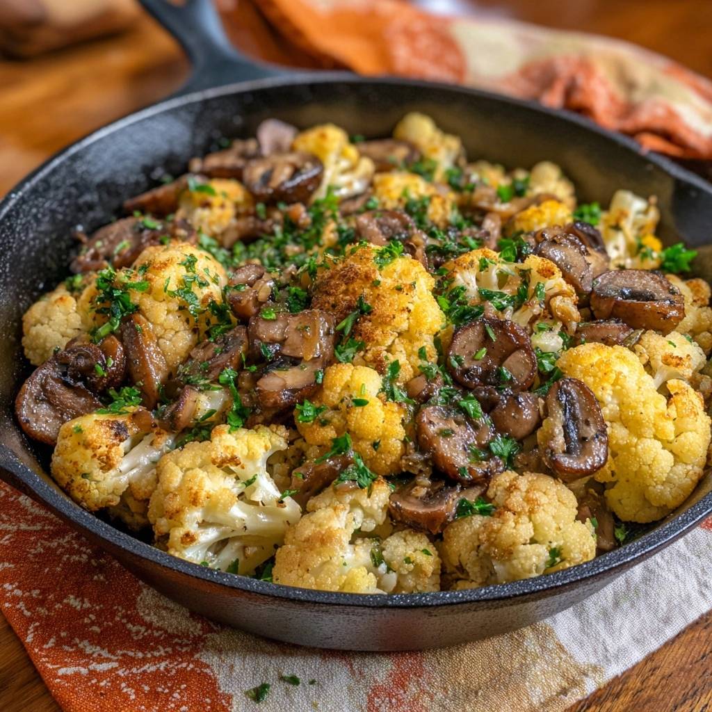 Garlic roasted cauliflower and mushrooms in a cast iron skillet, garnished with fresh parsley, a close-up view.