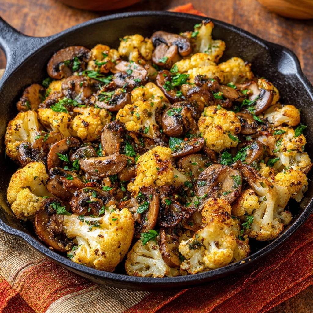 Garlic roasted cauliflower and mushrooms in a cast iron skillet, shown from an overhead perspective and garnished with parsley.
