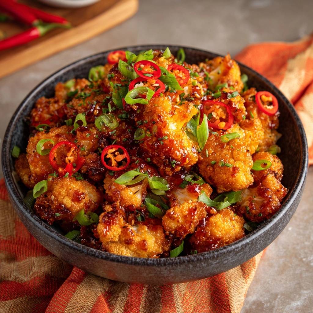 General Tso's cauliflower served in a dark bowl, generously garnished with sliced red chilies and green onions.