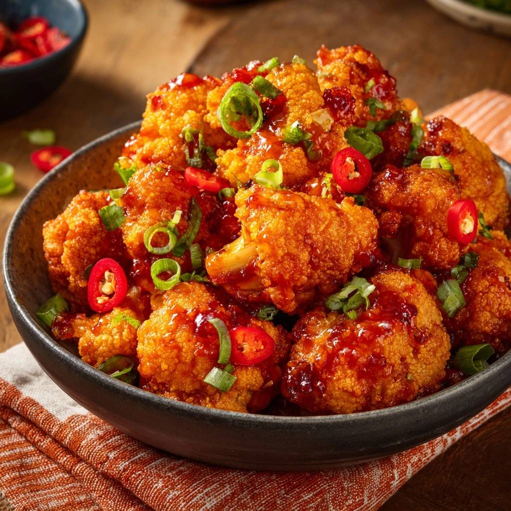 General Tso's cauliflower, a close-up showing the glossy glaze and spicy chili garnish.