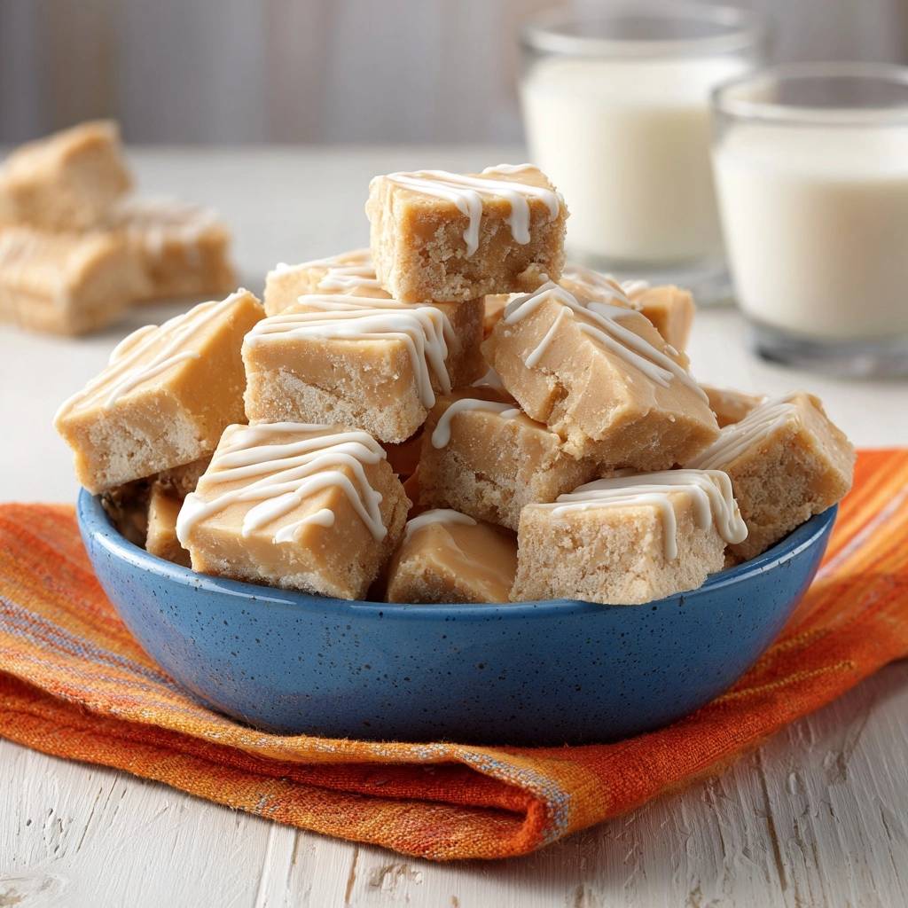 Glazed blondie bars are piled high in a blue bowl, showcasing their drizzled white glaze and crumbly texture.