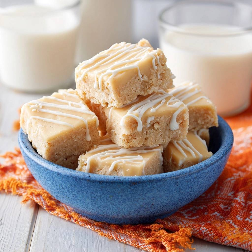 Glazed blondie bars stacked in a blue bowl, drizzled with white icing and served with milk.