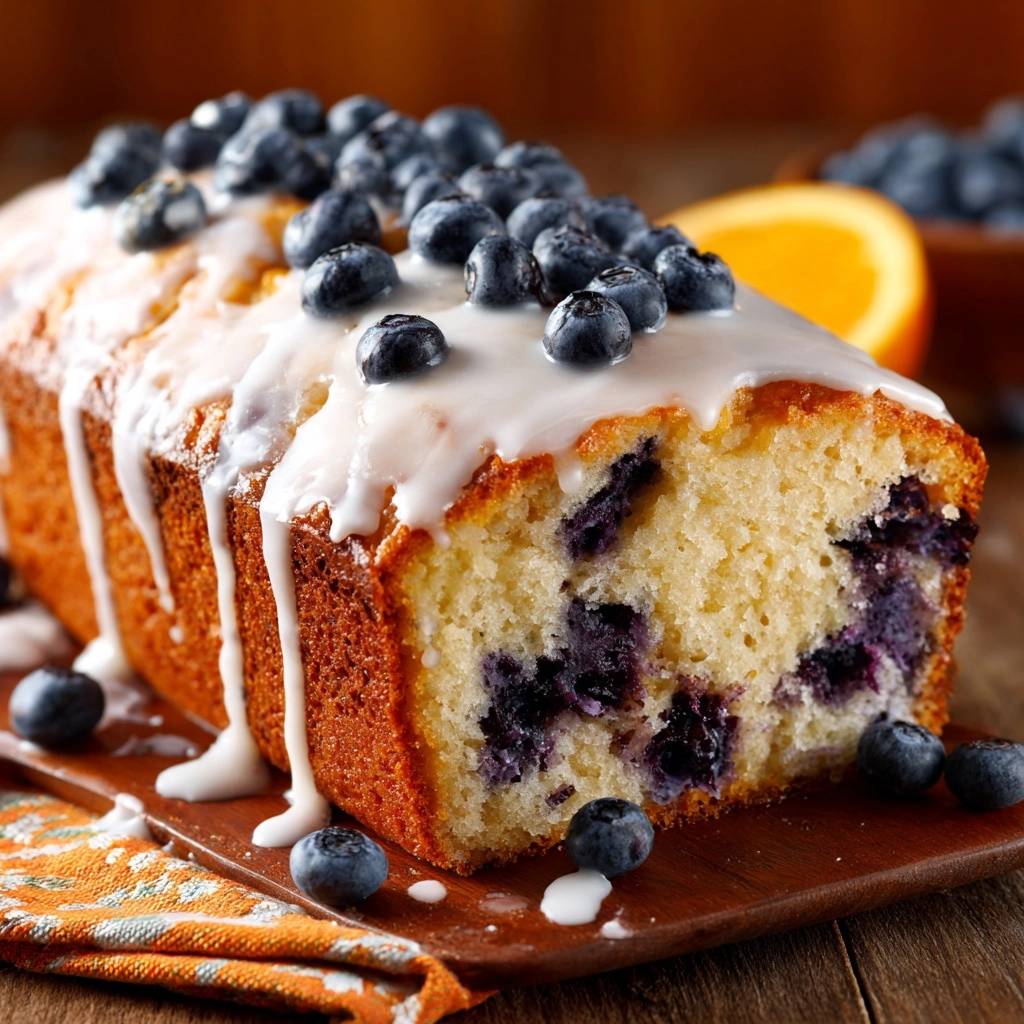 Glazed blueberry orange loaf showing a close-up of a slice with visible blueberries and drizzled icing.