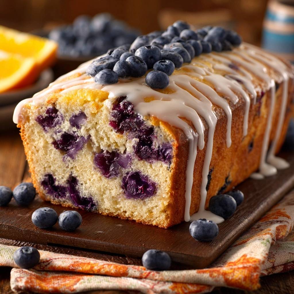 Glazed blueberry orange loaf, a close-up of a slice showing the moist interior with blueberries and orange zest.