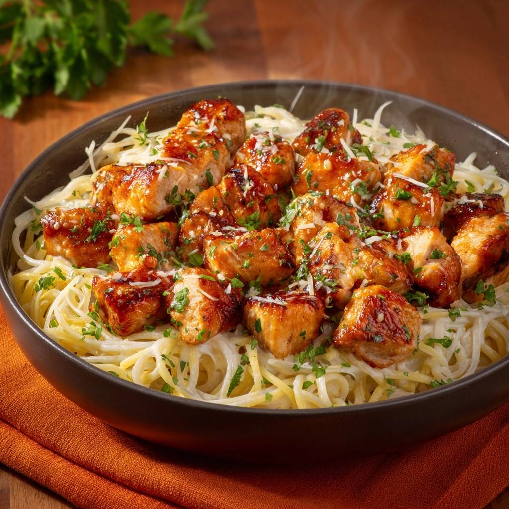 Glazed chicken noodles with tender bites and sticky glaze, steaming in a dark bowl and garnished with parsley.
