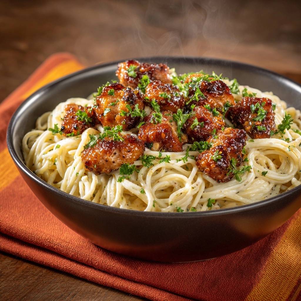 Glazed chicken noodles with tender bites and sticky glaze, steaming in a dark bowl garnished with parsley.