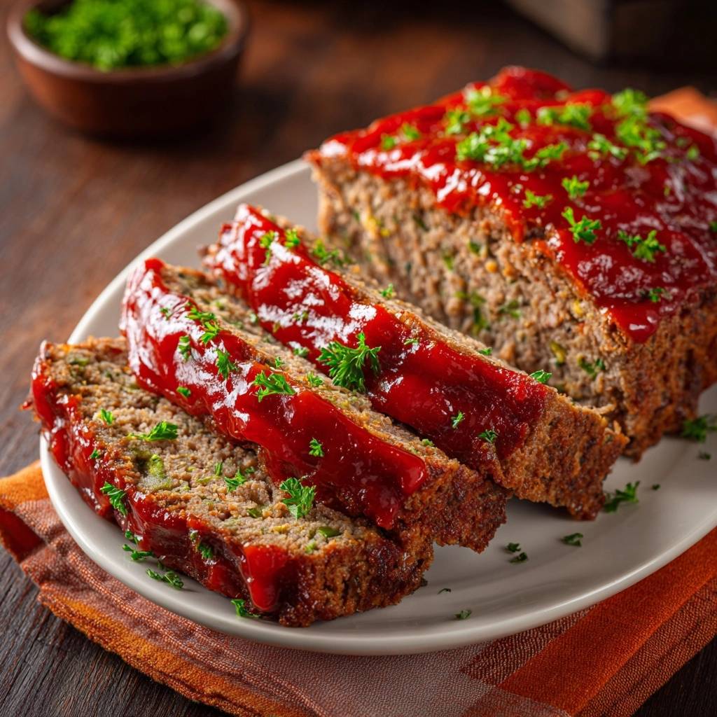 Classic glazed meatloaf sliced and topped with ketchup glaze and fresh parsley garnish.