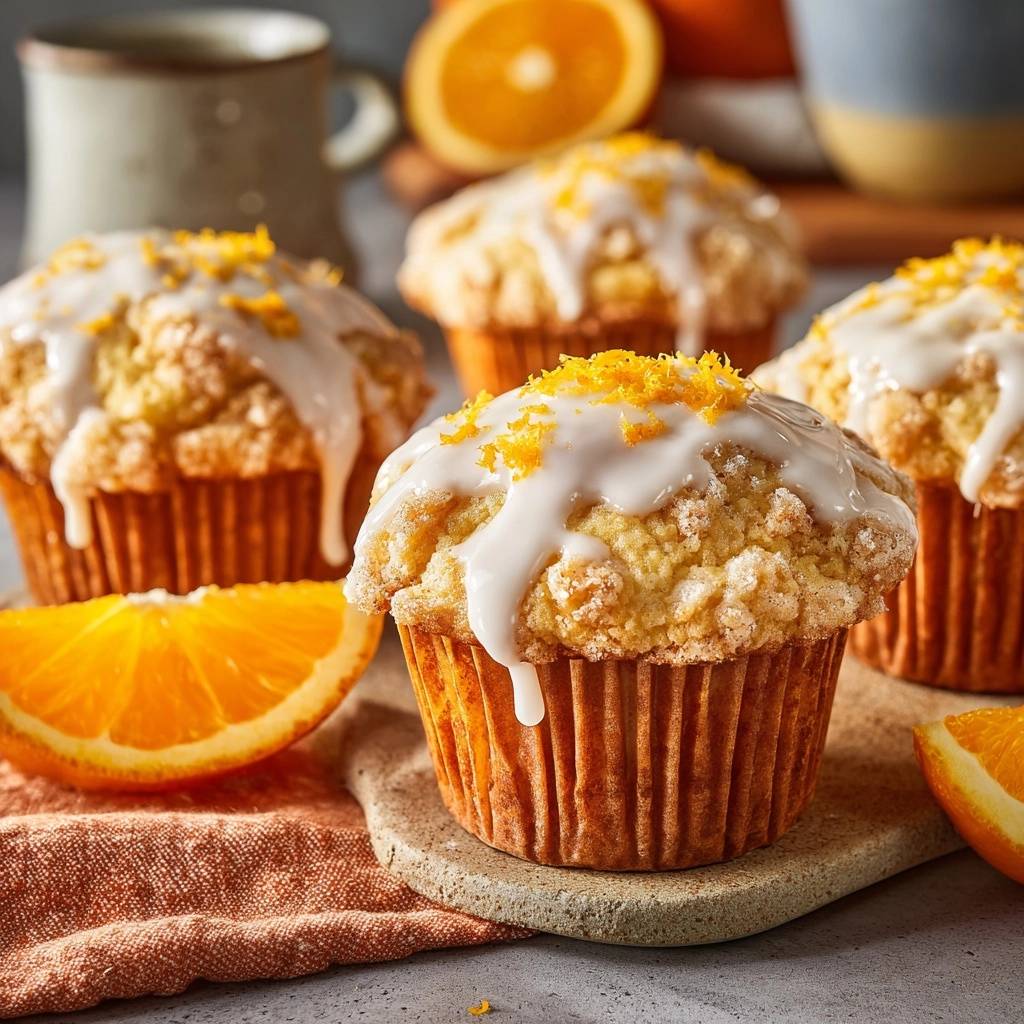 Glazed orange streusel muffins with a close-up view of drizzled white glaze and orange zest topping.