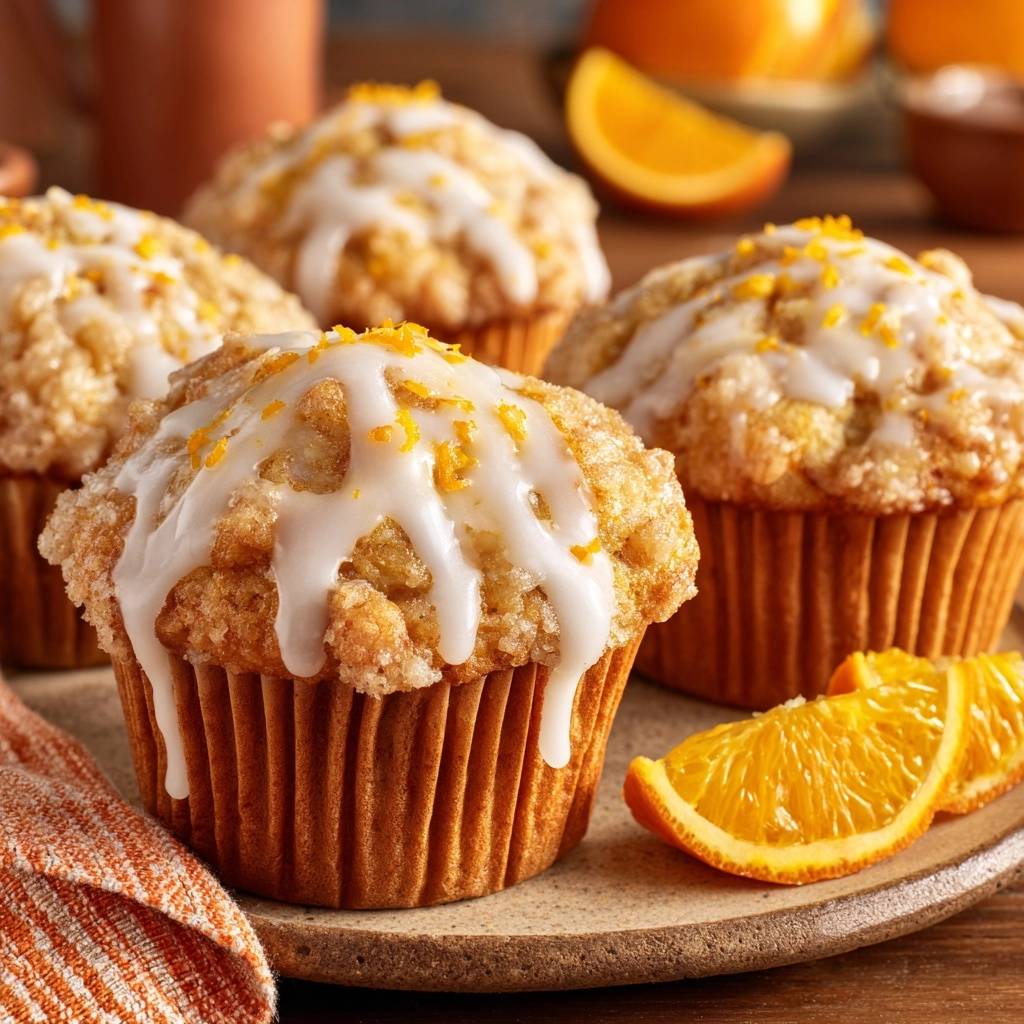 Glazed orange streusel muffins with a close-up view of the drizzled white glaze and orange zest garnish.