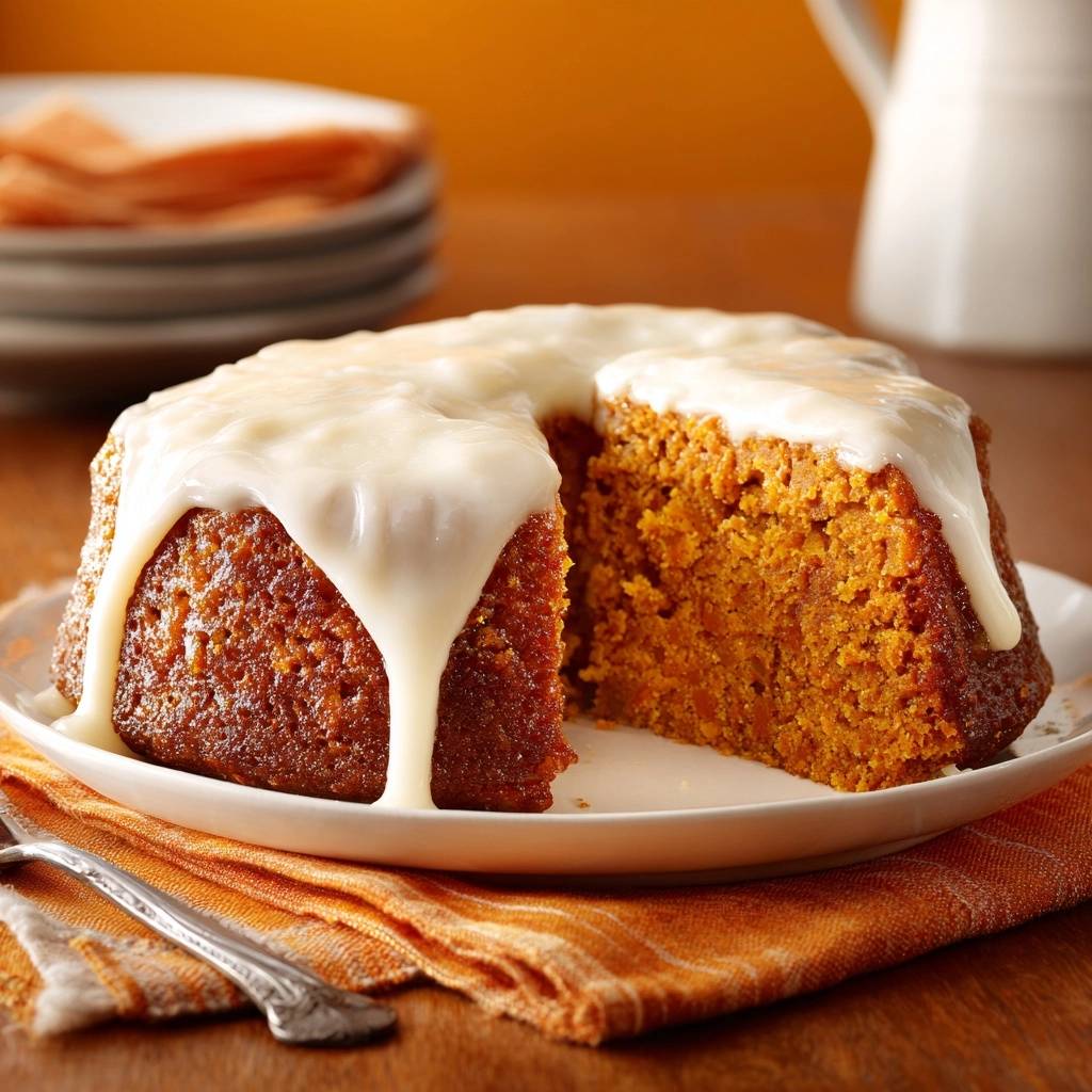 Glazed spiced pumpkin bundt cake shown in a close-up cross-section with a generous white glaze drizzling down the side.