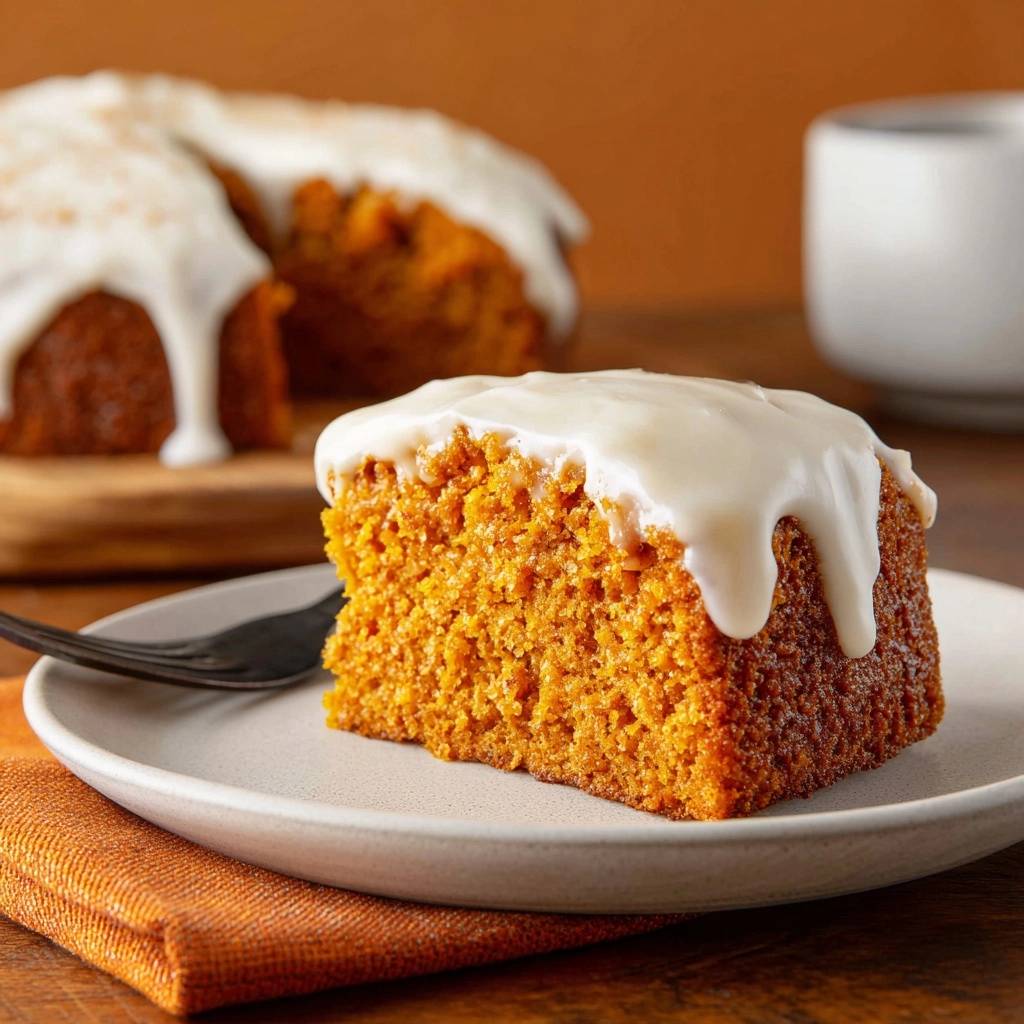 Glazed spiced pumpkin bundt cake served as a single slice on a plate with a fork and napkin.