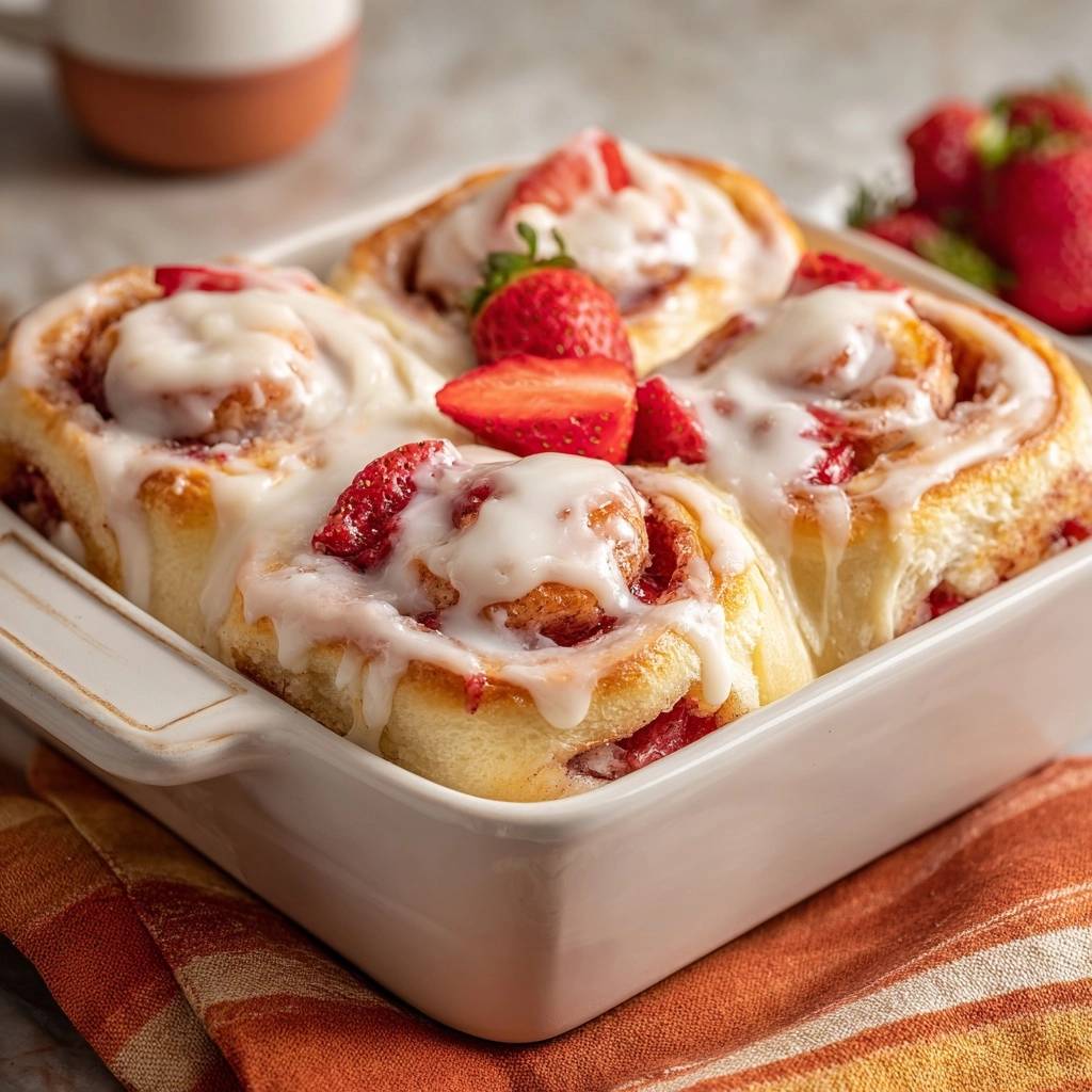 Glazed strawberry sweet rolls artfully arranged in a white baking dish, topped with fresh strawberry slices.