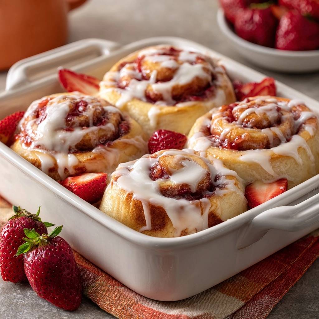 Glazed strawberry sweet rolls baked in a white dish, surrounded by fresh strawberries.