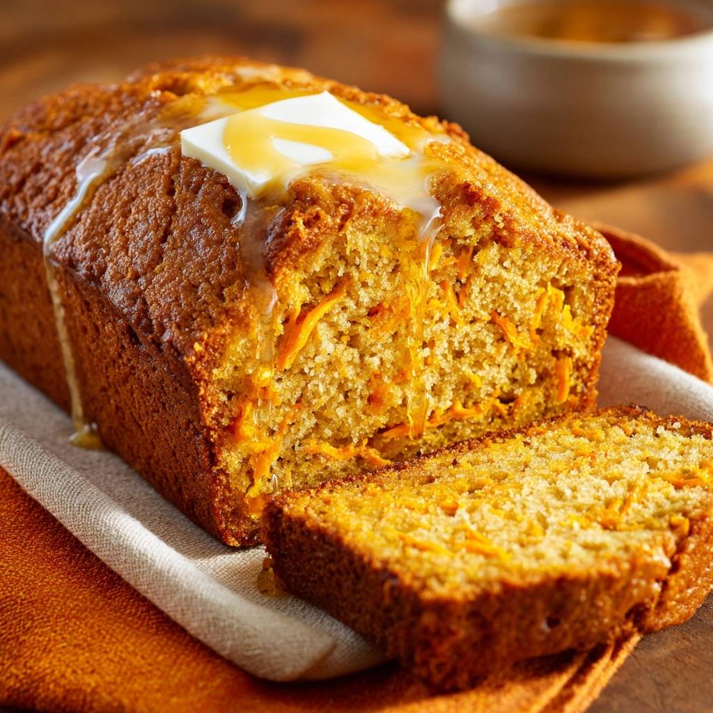 Glazed sweet potato quick bread slice with butter and honey melting on top, showcasing its moist interior.