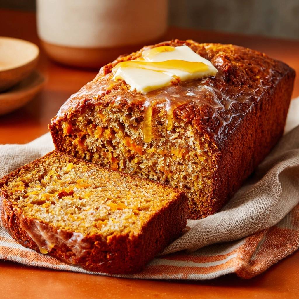 Glazed sweet potato quick bread sliced with a pat of butter and honey drizzled on top.
