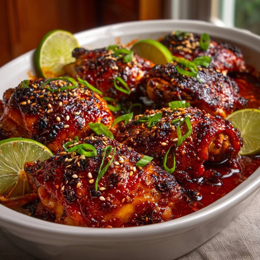 Gochujang chicken thighs glazed and garnished with sesame seeds and lime wedges in a serving dish.