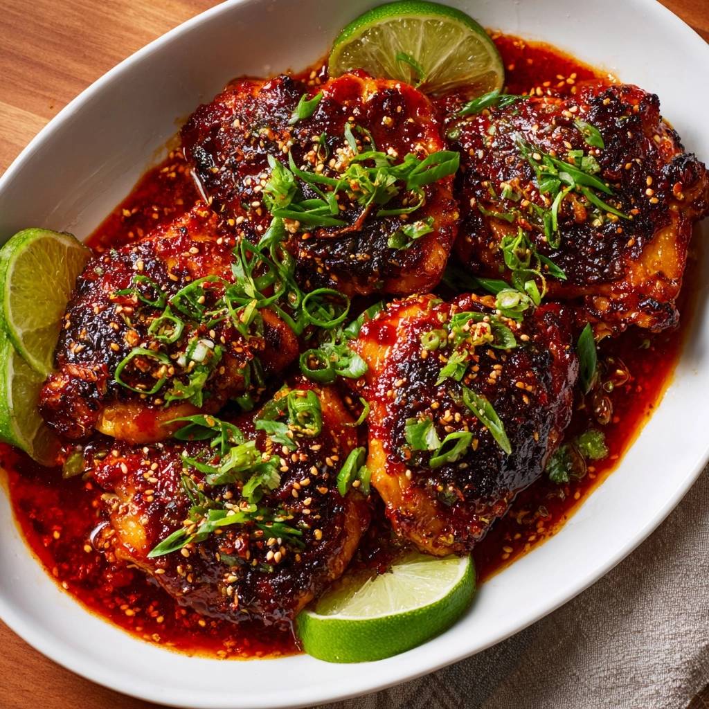 Gochujang chicken thighs served in a bowl, glistening with sauce and garnished with scallions and sesame seeds.