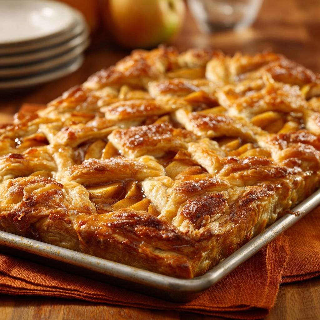 Golden apple slab pie with a detailed lattice crust, showing the baked pastry and apple filling.