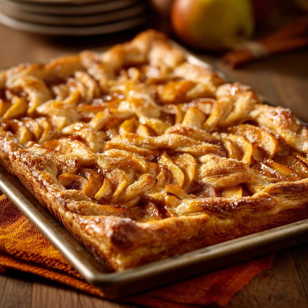 Golden apple slab pie with flaky crust and sliced apples, shown from an overhead perspective.