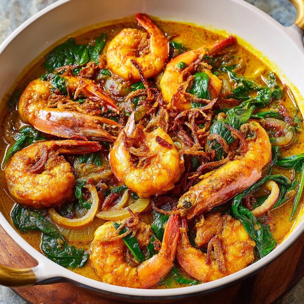 Golden Shrimp Spinach Curry served in a white bowl, showcasing plump shrimp and vibrant greens in a rich curry sauce.