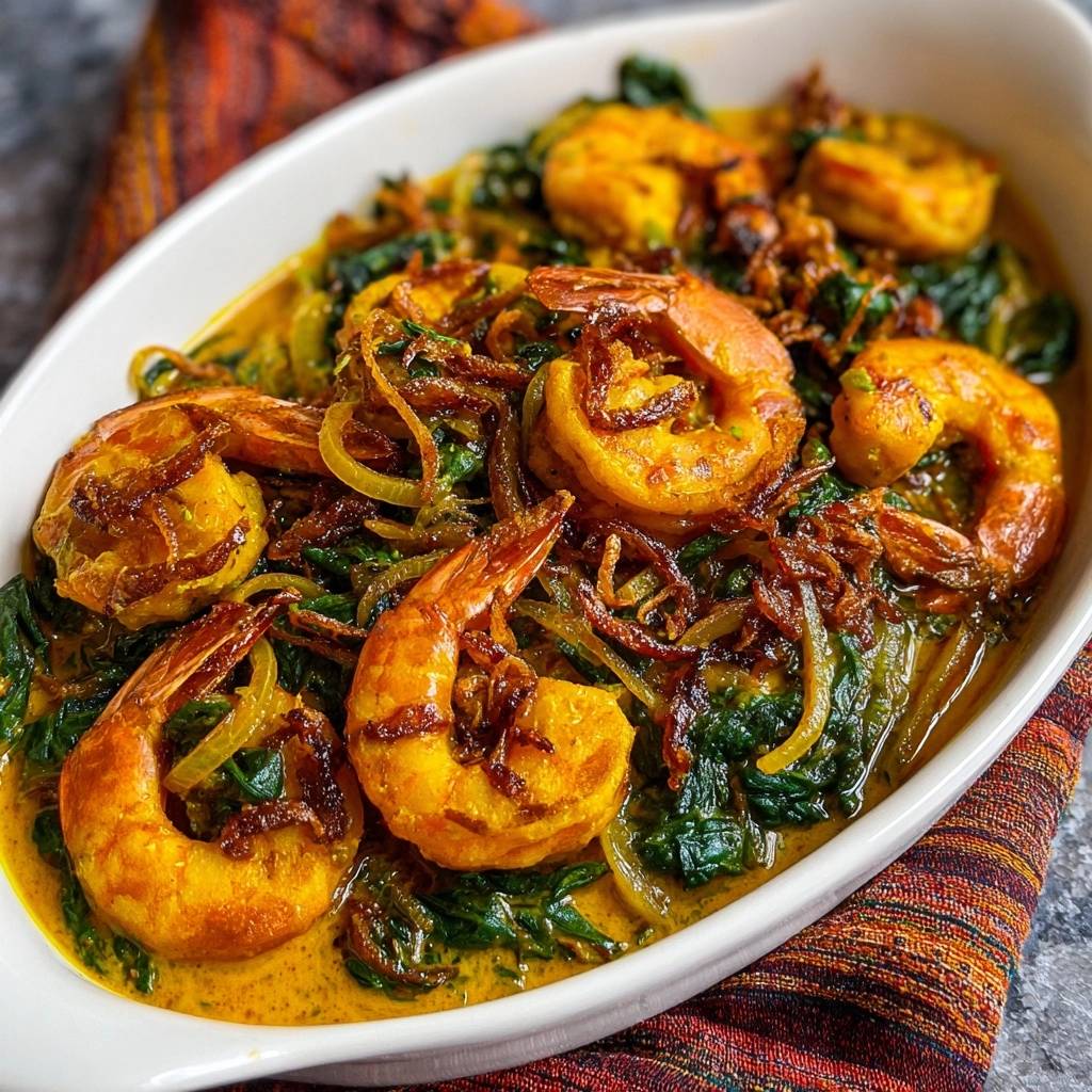 Golden Shrimp Spinach Curry served in a white dish, showcasing a close-up overhead view of the juicy shrimp and vibrant greens.