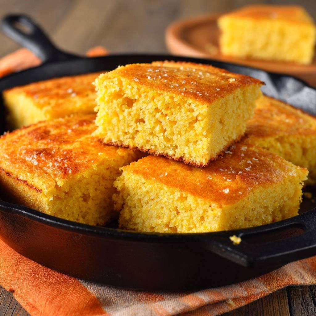 Golden skillet cornbread, anti-crumbly method, shown as stacked, golden-brown slices in a cast-iron skillet.