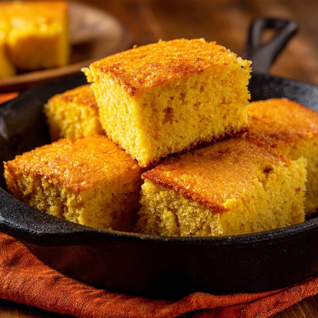 Golden skillet cornbread in a cast iron pan, stacked with a focus on the crumbly texture.