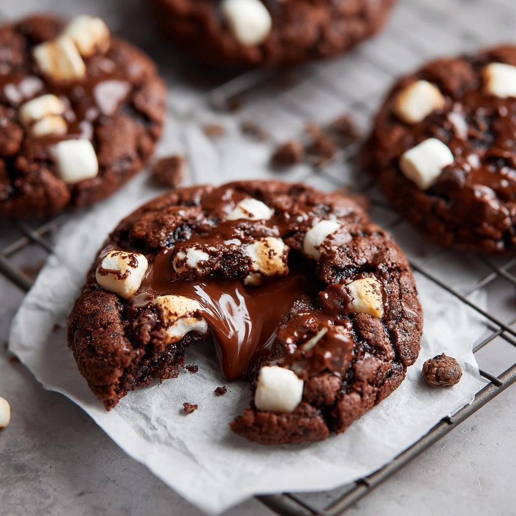 Gooey chocolate marshmallow cookies with a melted, oozing chocolate center on a cooling rack.