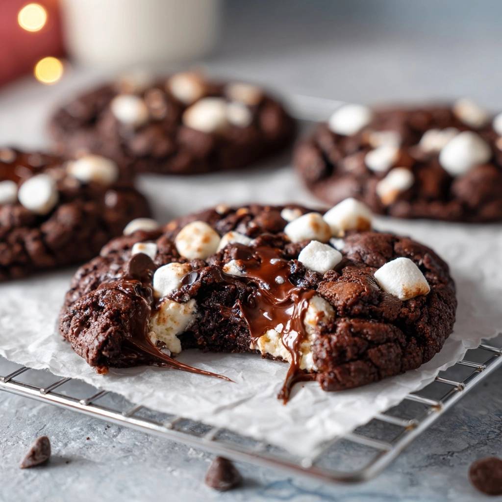 Gooey chocolate marshmallow cookies with a melted marshmallow and chocolate interior, close-up on a cooling rack.