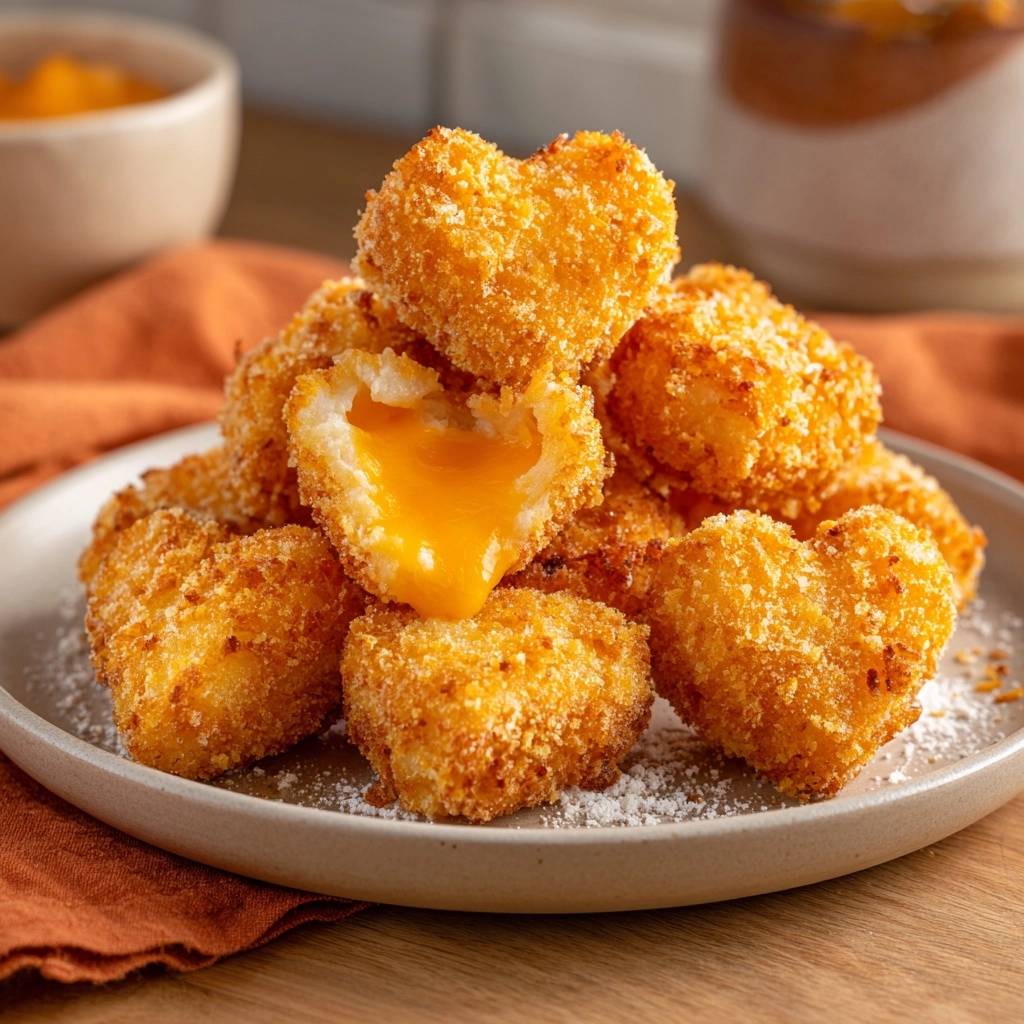 Gooey heart-shaped cheese croquettes with a close-up cross-section revealing molten cheese inside.