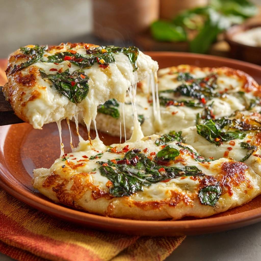 Gooey spinach white pizza with a crispy crust, featuring a slice being lifted with long strands of melted cheese.