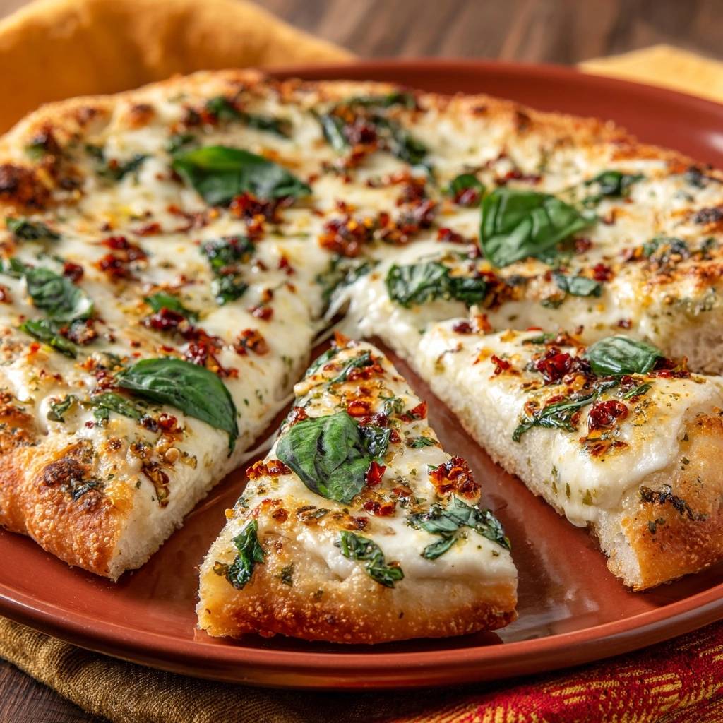 Gooey spinach white pizza with crispy crust, shown sliced with a close-up view of the toppings and cheese.