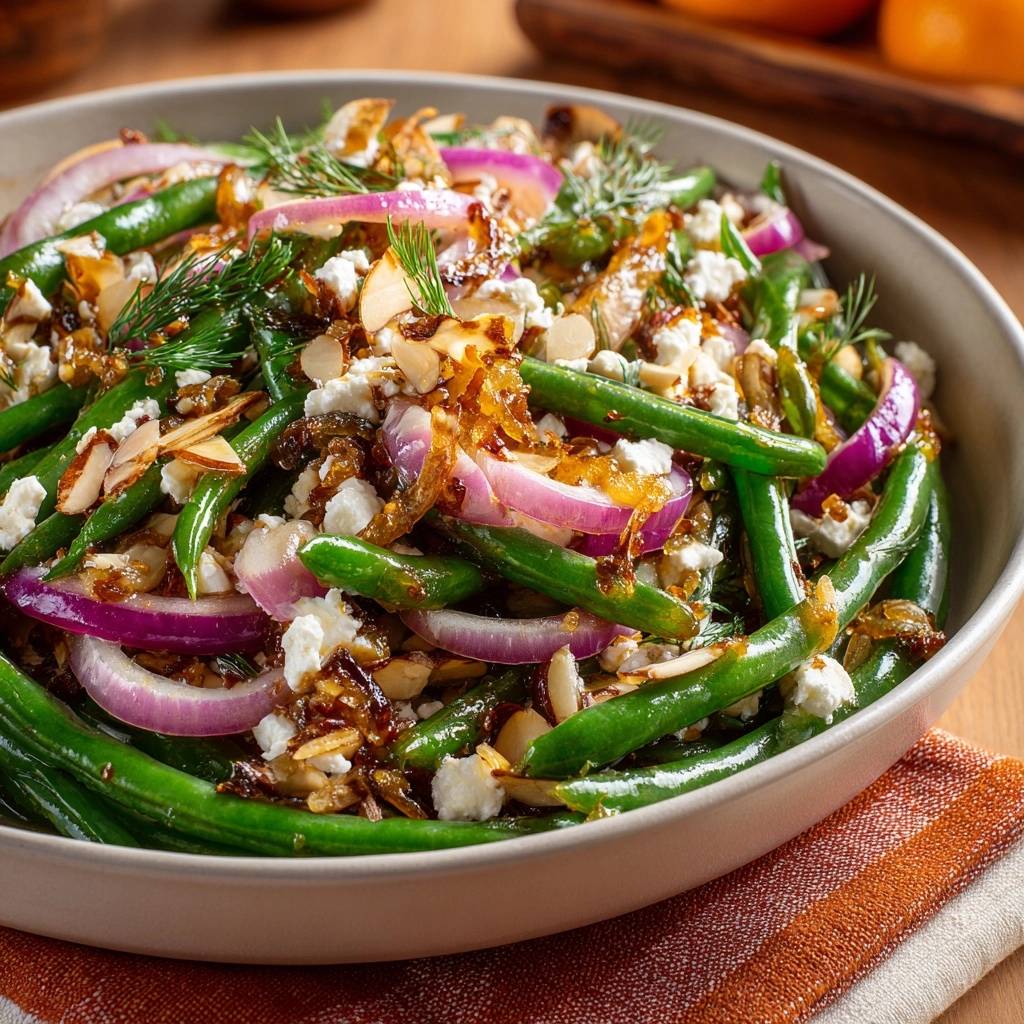 Green bean salad with caramelized onions, feta, and almonds, shown in a close-up view with visible dill and sliced almonds.