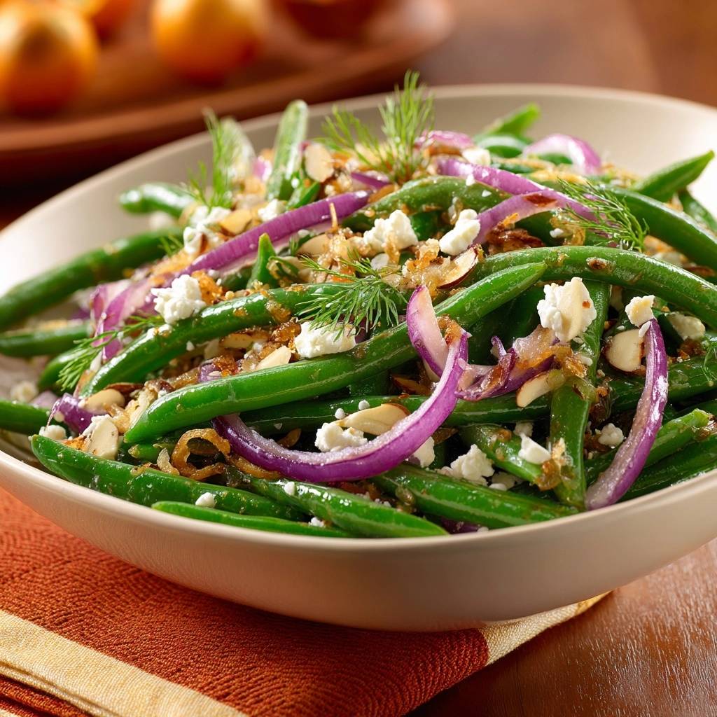 Green bean salad with caramelized onions, feta, and almonds, shown in a close-up view with fresh dill garnish.