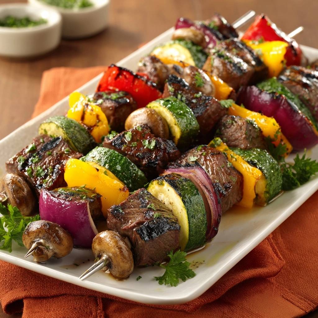 Grilled beef and veggie kebabs served on a platter, showcasing a close-up view of the juicy skewers with colorful vegetables.