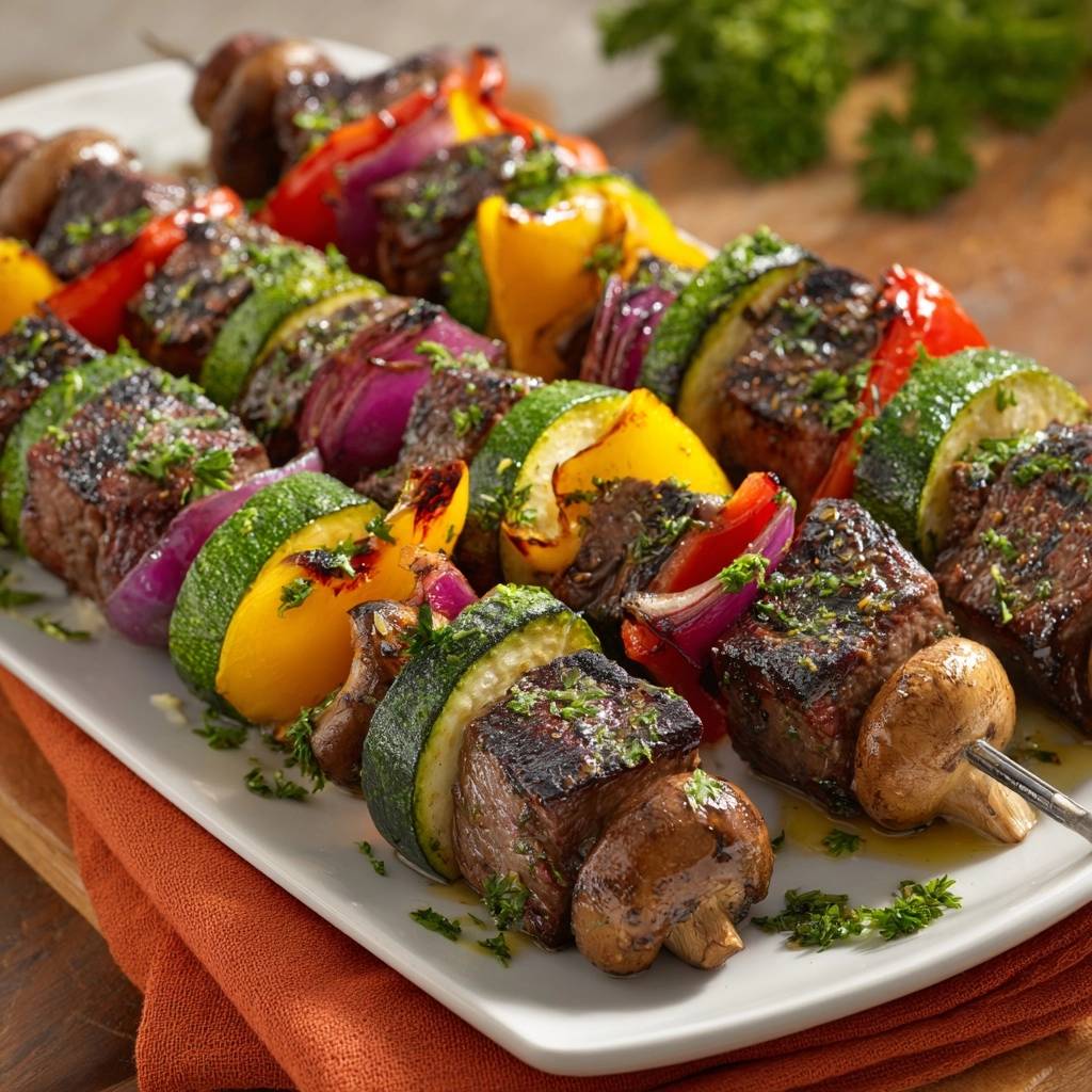 Grilled beef and veggie kebabs platter close-up showing juicy steak, zucchini, bell peppers, and red onion on a white plate.