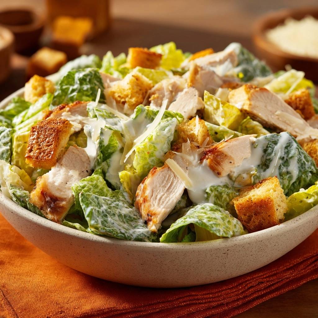 Grilled Chicken Caesar Salad with ultra-crisp croutons and creamy dressing in a bowl, a close-up view.