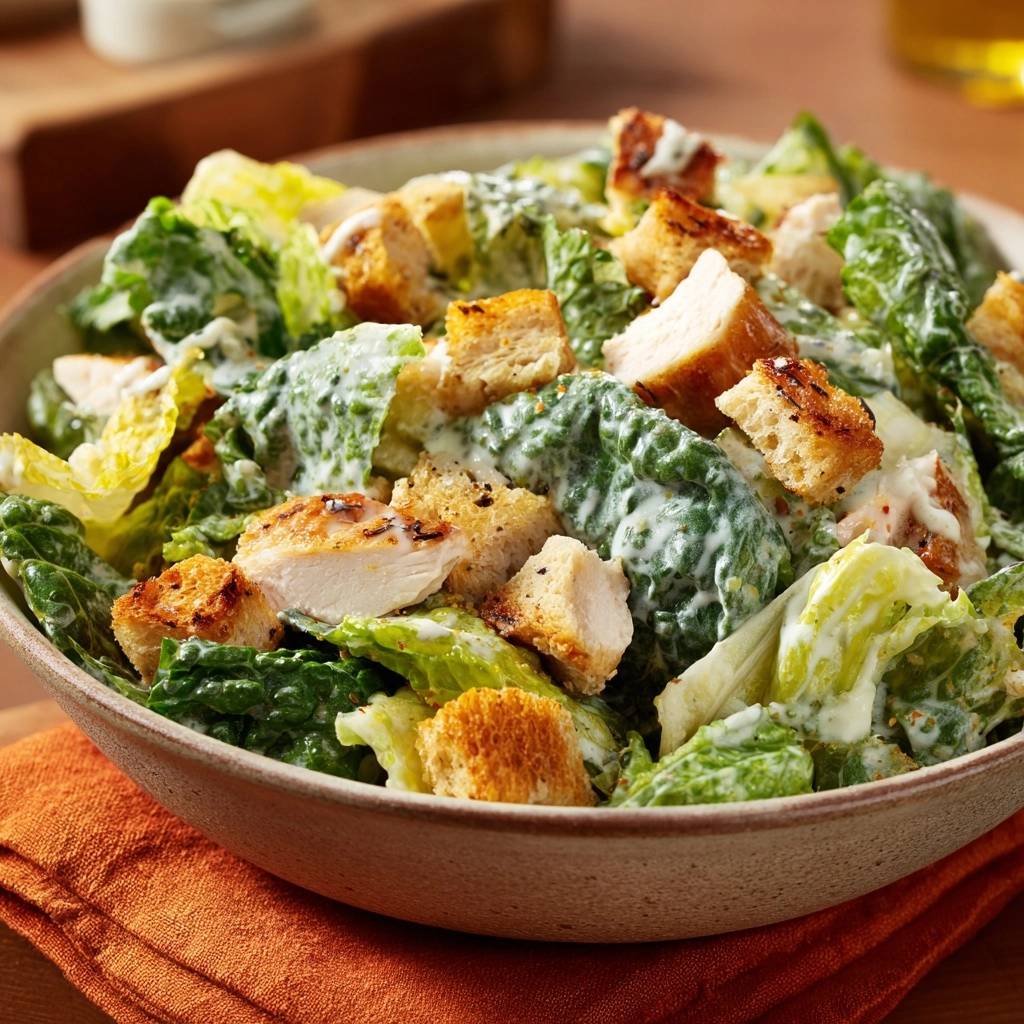 Grilled chicken Caesar salad with ultra-crisp croutons and creamy dressing in a bowl, shown in a close-up view.
