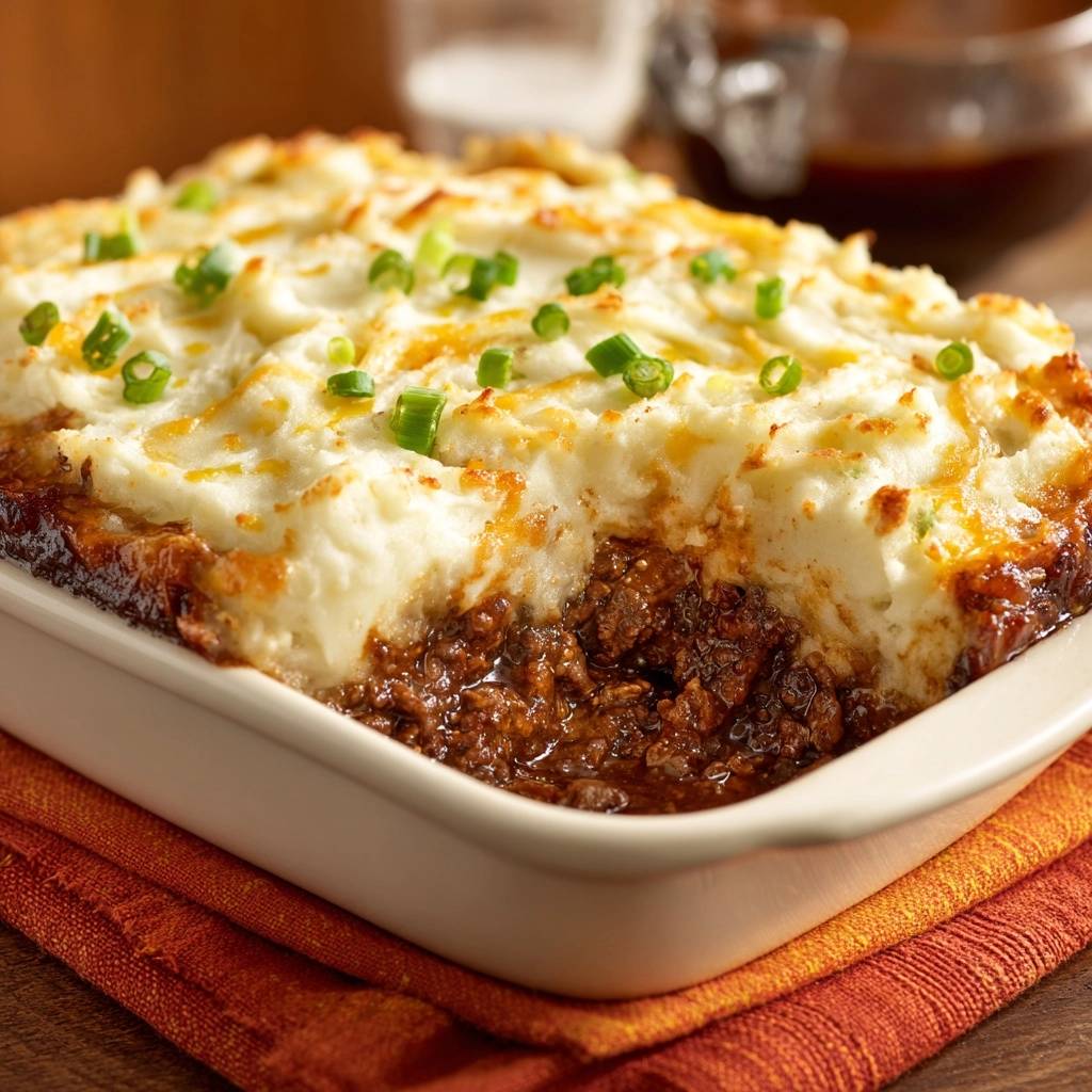 Ground beef shepherd’s pie shown in a white baking dish with a revealing cross-section of the savory meat filling.
