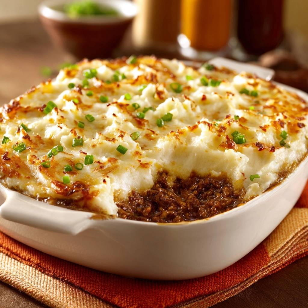 Savory ground beef shepherd's pie with a fluffy mashed potato topping, shown in a cross-section revealing the rich meat filling.