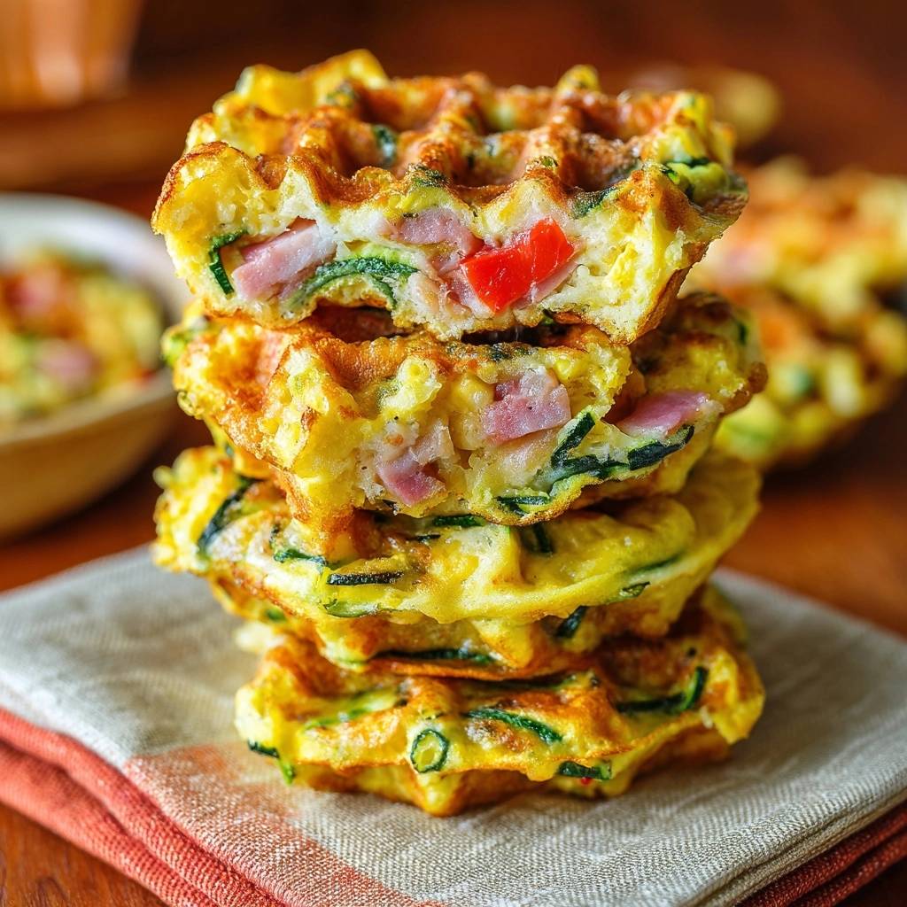 Ham and zucchini waffles cross-section showing a stack of fluffy waffles filled with ham, zucchini, and red pepper.